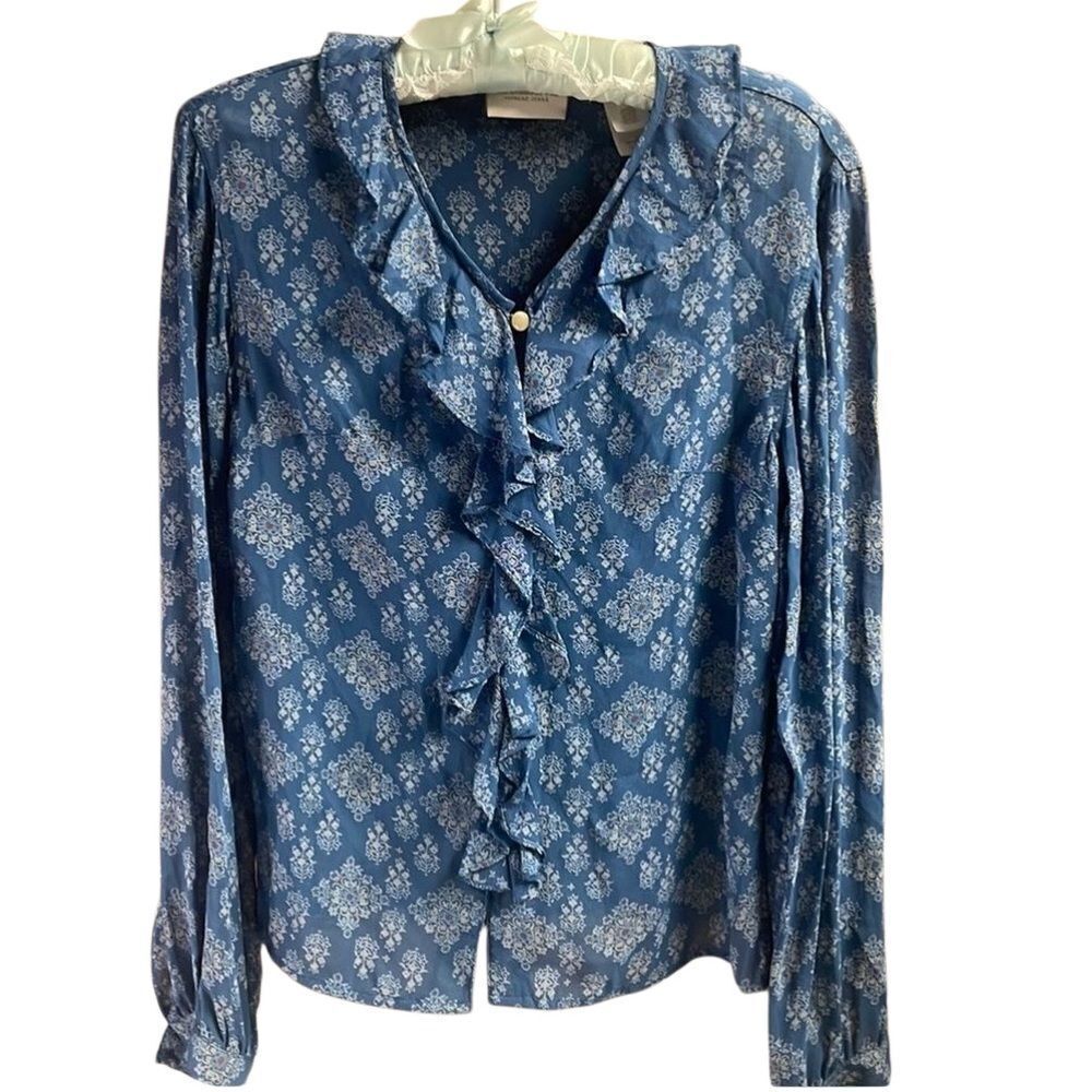 Liz Claiborne Womens Ruffle Front Button Up Blouse Size Small Blue White Floral